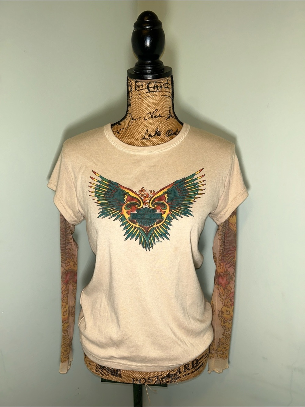 Y2K Harley Davidson Mesh Tattoo Sleeve Wings Flames Biker Motorcycle T-Shirt L